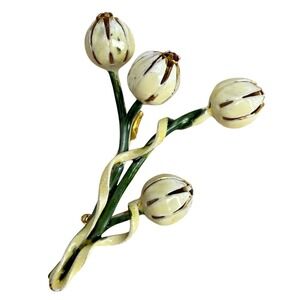 Sandor Enamel Flower Brooch Vintage Pink Rhinestone Cream Green Botanical Pin